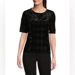 NWT Calvin Klein Women's Printed Velvet Elbow-Sleeve Top Black
